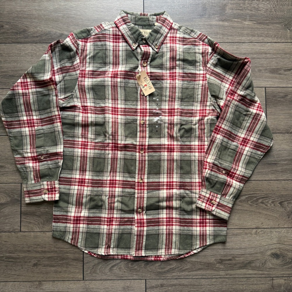 Redhead Brand Co Mens Medium‎ Flannel Shirt Plaid Olive Green Red Cotton NWT